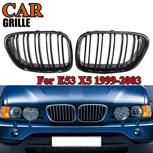 Parrilla delantera para parrilla de riñón de repuesto para BMW X5 E53 1998-2003 doble listón estilo deportivo negro brillante (negro brillante)