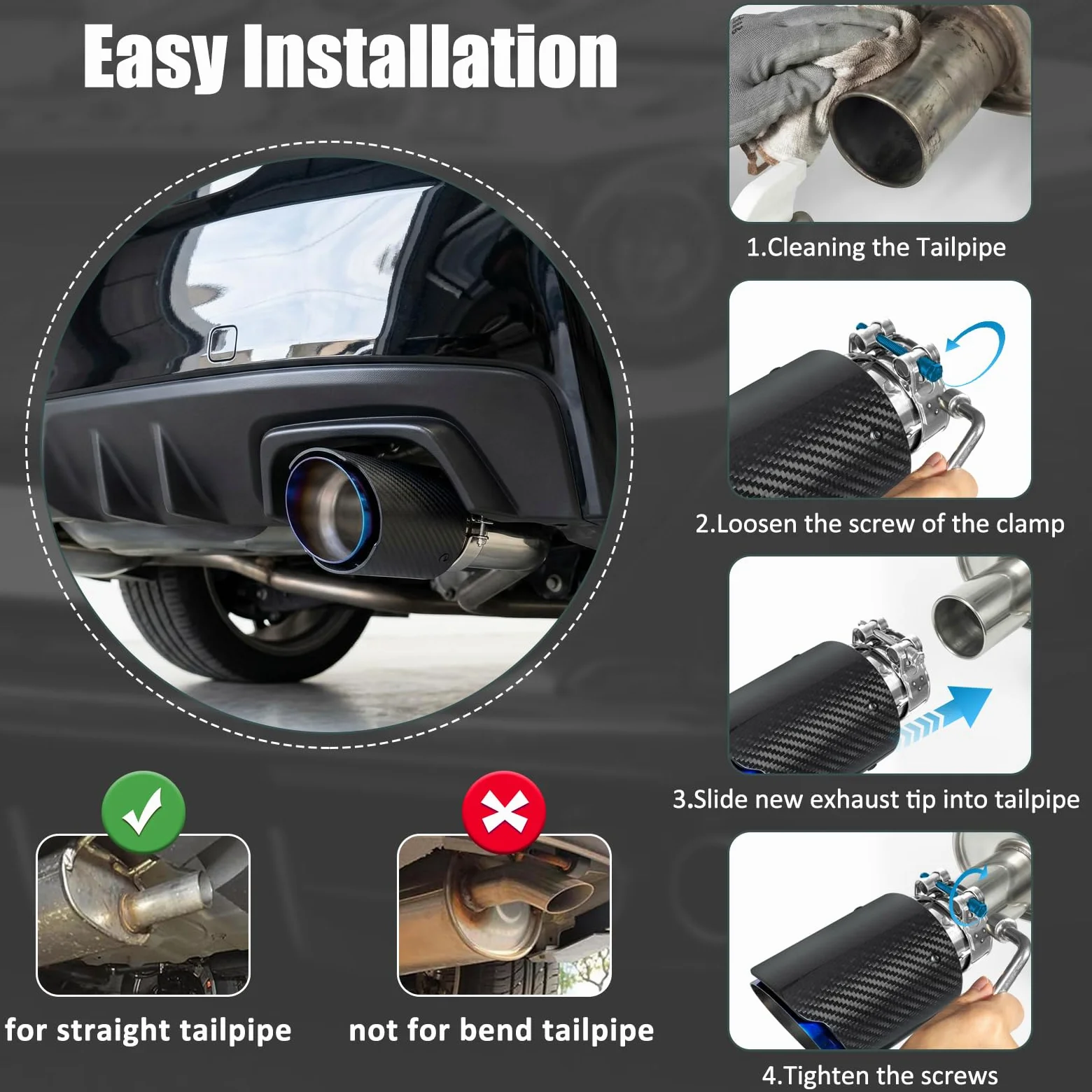 Catekro 63mm Cola de Escape Coche, Embellecedor Acero Inoxidable para Tubo de Escape 2,36" Punta de Escape Exterior Instalación con Pernos y Llave Incluida (Azul Negro Pulido)