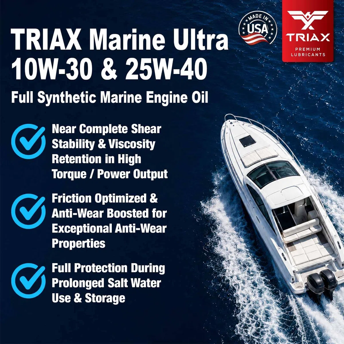 TRIAX Marine Ultra 10W-30 Aceite de Motor Marino Sintético Completo de 4 Tiempos para Motores de Barcos Intraborda/Fueraborda/Deportivos, Cumple con NMMA FC-W, JASO-MA en 5 Cuartos/4,73 Litros.