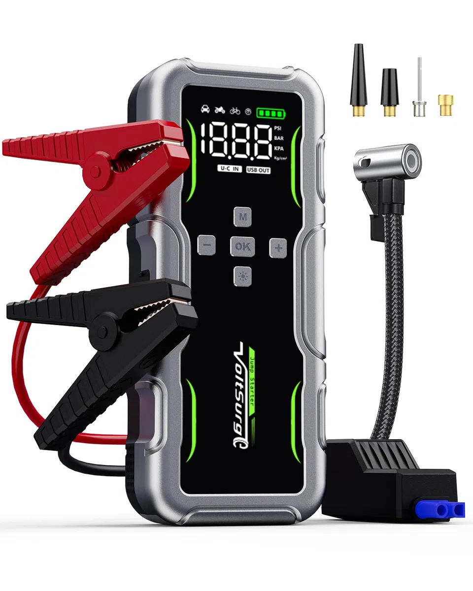 7000A Arrancador de Baterias de Coche con Compresor de Aire, Arrancador de Coches con 160PSI Inflador de Neumáticos, 12V Jump Starter (Todo Gasolina o 12L Diésel) con Pinzas de Seguridad, Lumen LED