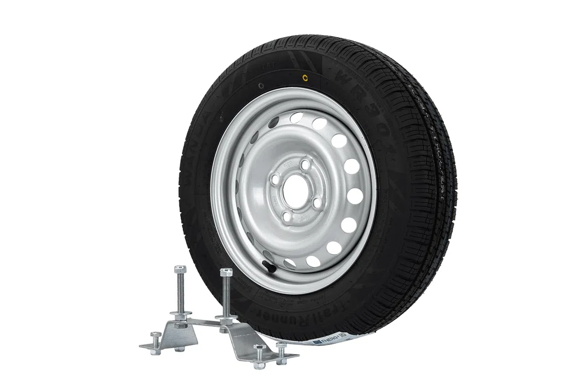 UNITRAILER Rueda de Repuesto 155/70 R13 79N con Soporte para Remolque de Coche, Llanta de Acero 4x100 ET30 y Neumático Wanda de 437 kg de Carga para Garden Trailer