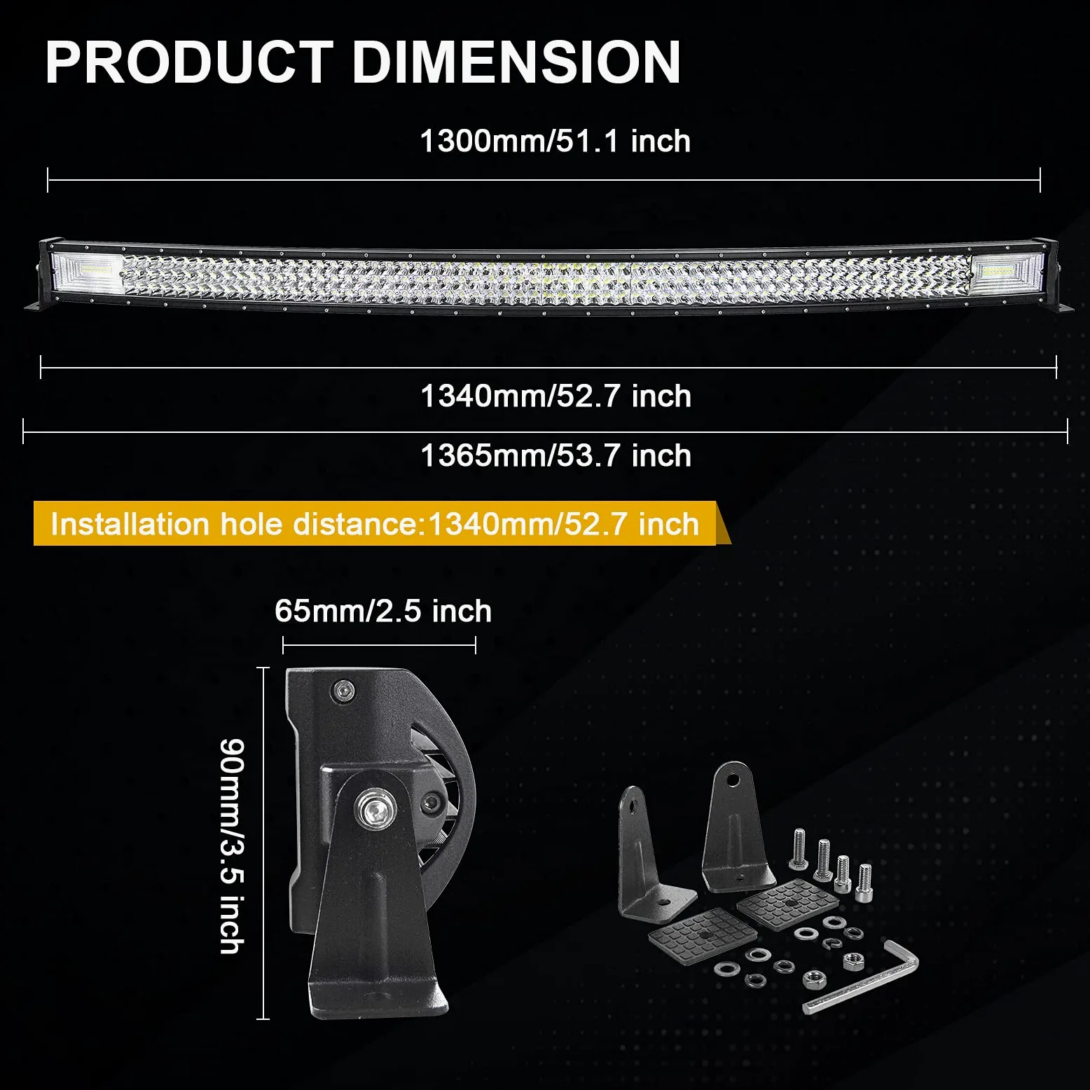 SKYWORLD Curvo Barra LED 52 Pulgadas 675W Barras de Luz de Trabajo triple riga 12V 24V, 2 x 4" 36W Focos LED Tractor faros Trabajo con kit de arnés de cableado Coche camion 4x4 SUV ATV UTV vehículos