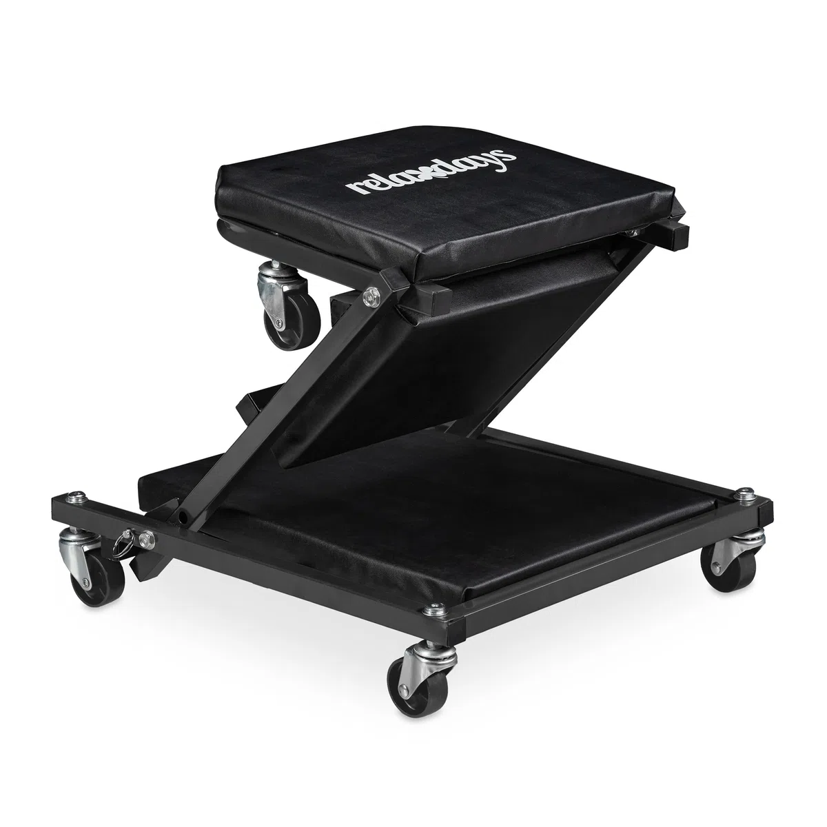 Relaxdays Camilla de Mecánico con Ruedas, Resiste 150 kg, Taburete Taller 2 en 1, Plegable, Giro 360º, para Coche, Negro