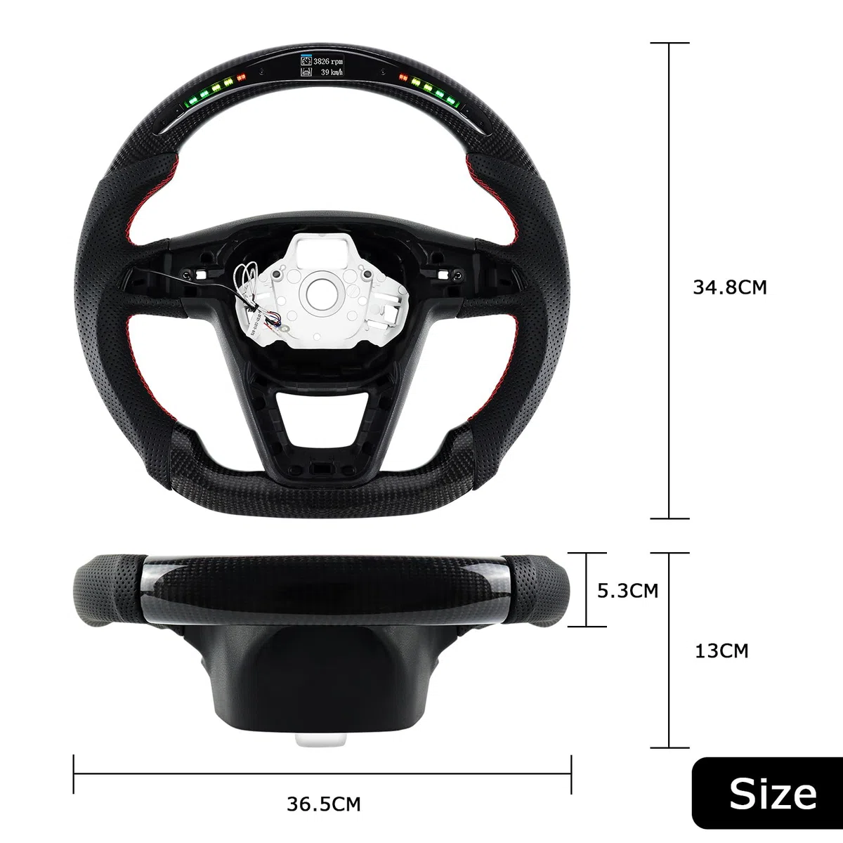 Volante de fibra de carbono, volante de cuero en forma de D, parte inferior plana, indicador de cambio LED, mango de cuero perforado para Seat Cupra Leon MK3 2013-2019