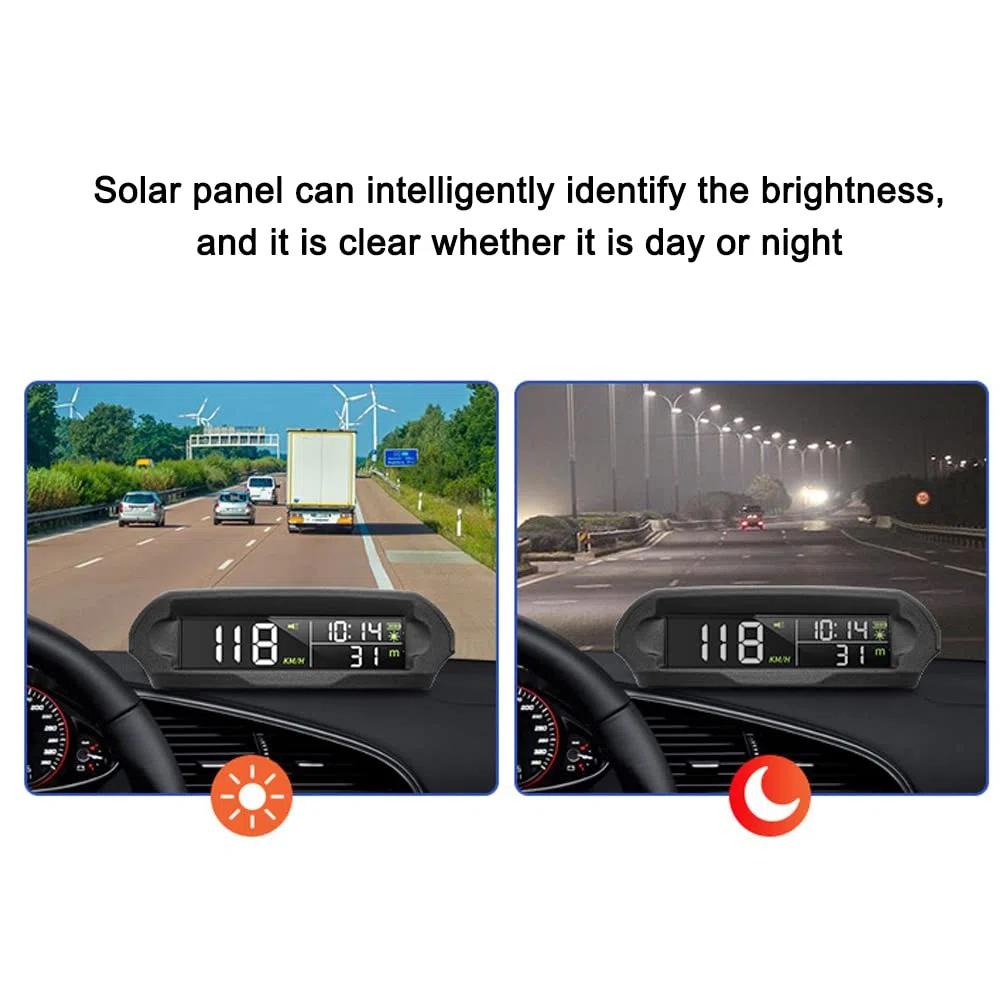 HUIOP Pantalla HUD del automóvil,Pantalla Frontal inalámbrica para Coche, velocímetro Digital GPS Solar con Pantalla LCD, Alarma de Exceso de Velocidad, KMH/mph, Tiempo/altitud/Temperatura/Pantalla