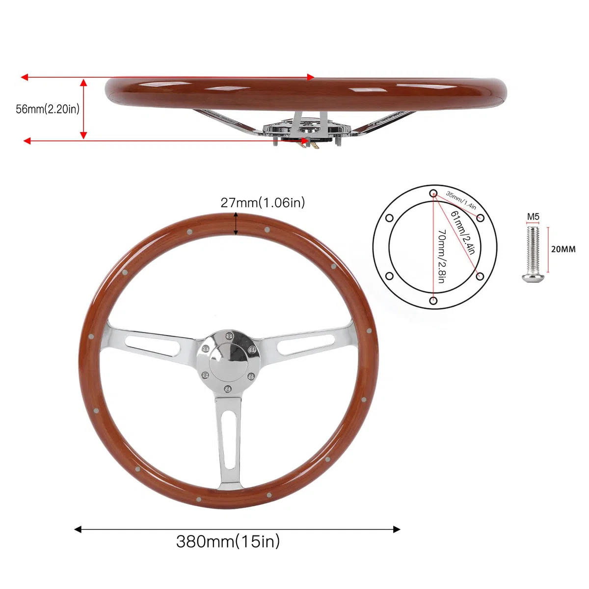 Fydun Volante Clásico Universal de 380 Mm (15 Pulgadas) - Montaje Antiguo, Madera Con Agarre de Nuez, 3 Radios Remachados, 6 Agujeros - Modificación de Coche (Marrón)