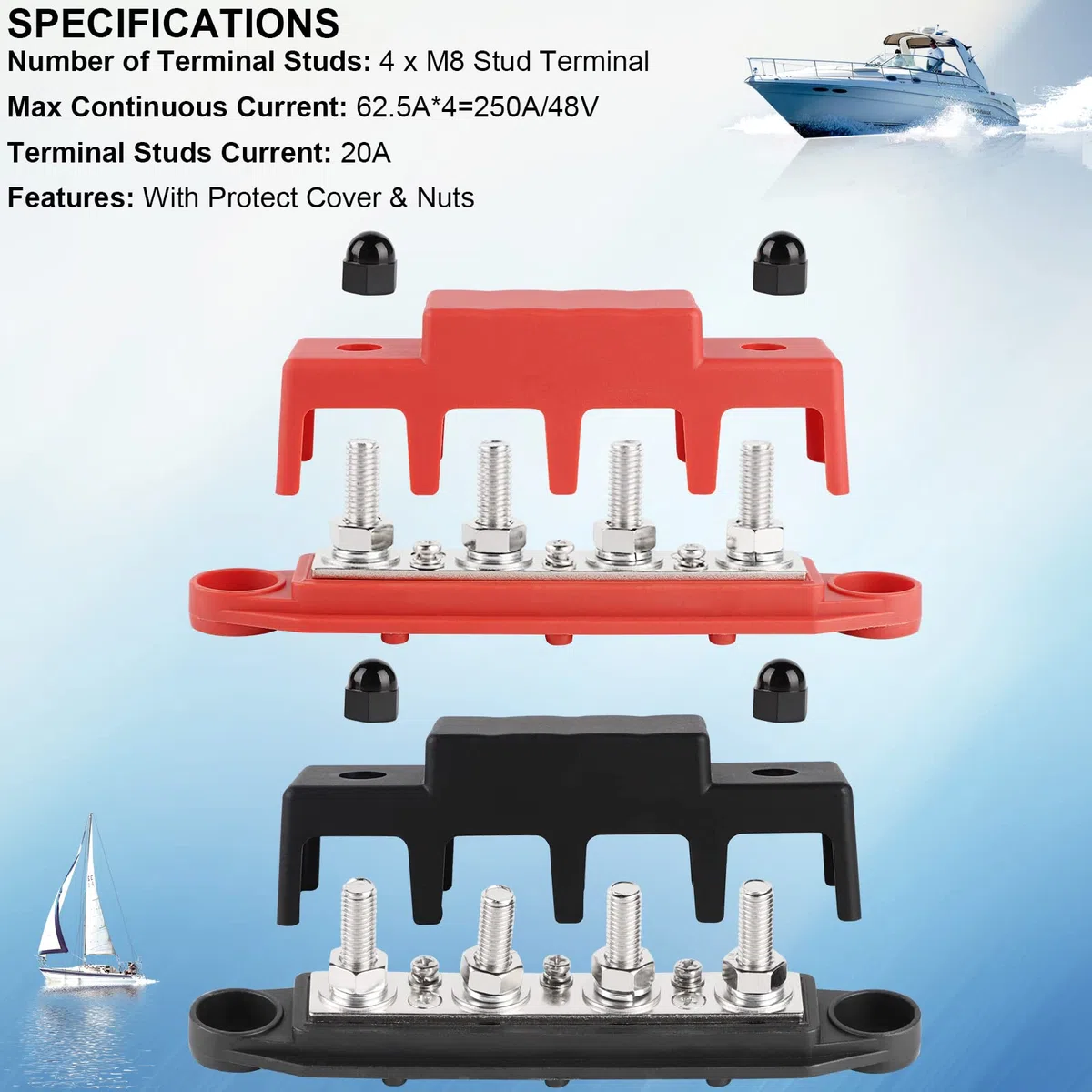CPROSP 2 barras colectoras con tapa de 250 A, riel de distribución de energía con 4 conectores M10, bloque de conexión de batería de 3/8", caja BusBar para coche RV Boat Yate