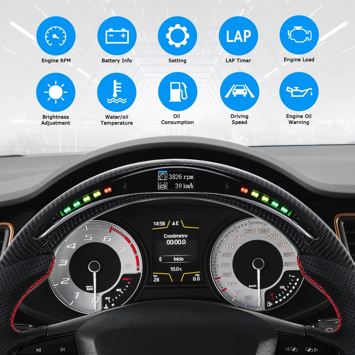 Volante de fibra de carbono, volante de cuero en forma de D, parte inferior plana, indicador de cambio LED, mango de cuero perforado para Seat Cupra Leon MK3 2013-2019