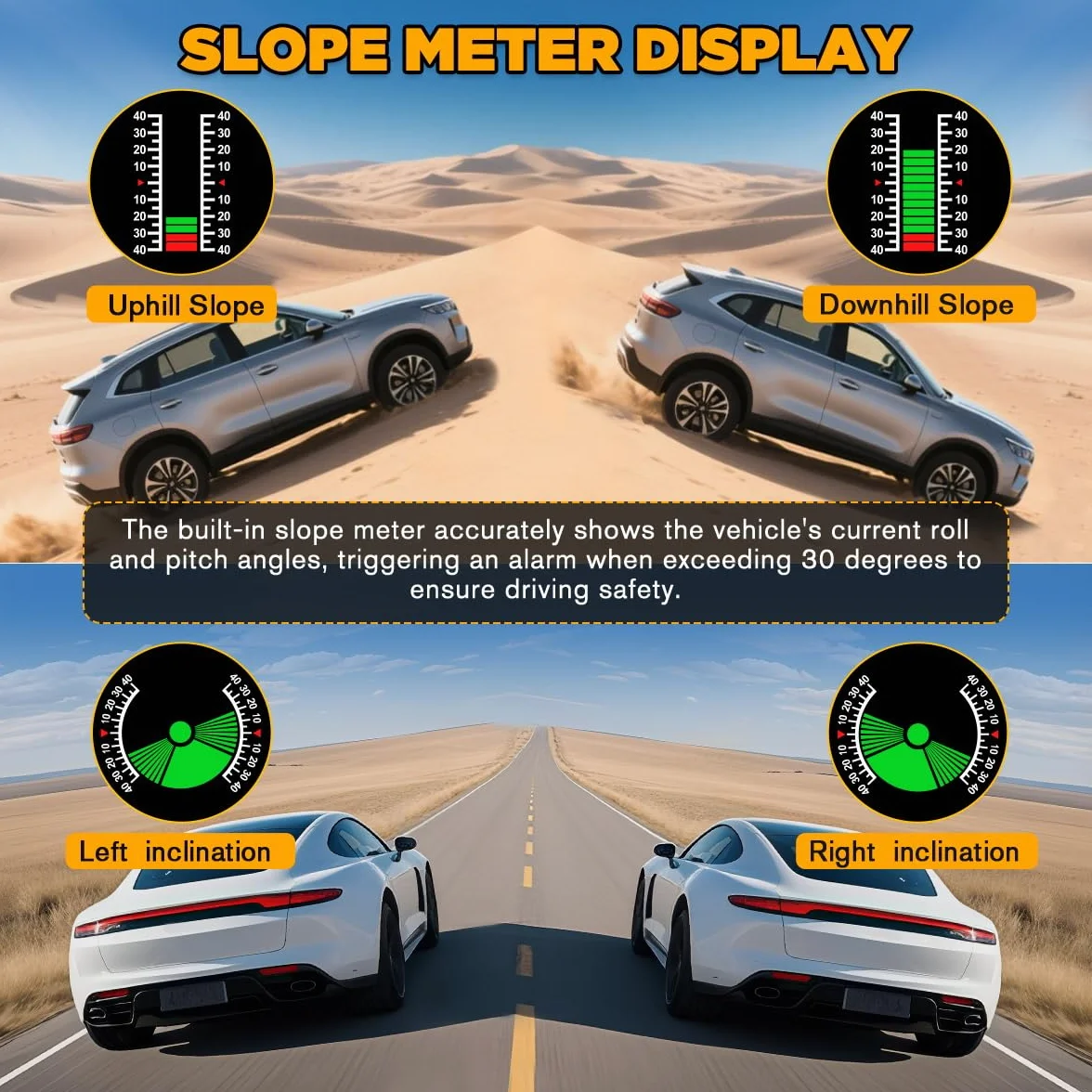 Inclinómetro de coche GPS Digital HUD Pitch Angle Slope Meter MPH Velocímetro con brújula para Off-Road SUV Vehículos