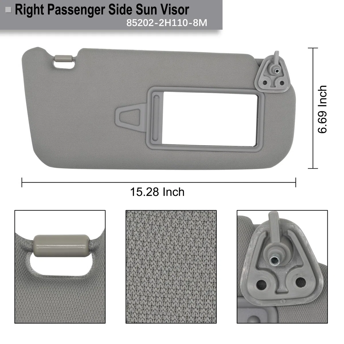 NHILES Visera para el lado derecho del pasajero para Hyundai Elantra 2007 2008 2009 2010 Sombra de reemplazo para el sol # 85202-2H110-8M (Gris)