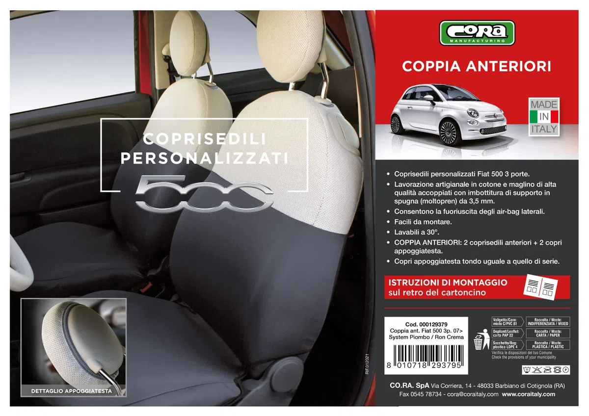 Cora Fundas de Asiento Delanteras Personalizadas Fiat 500 07> Gris/Crema