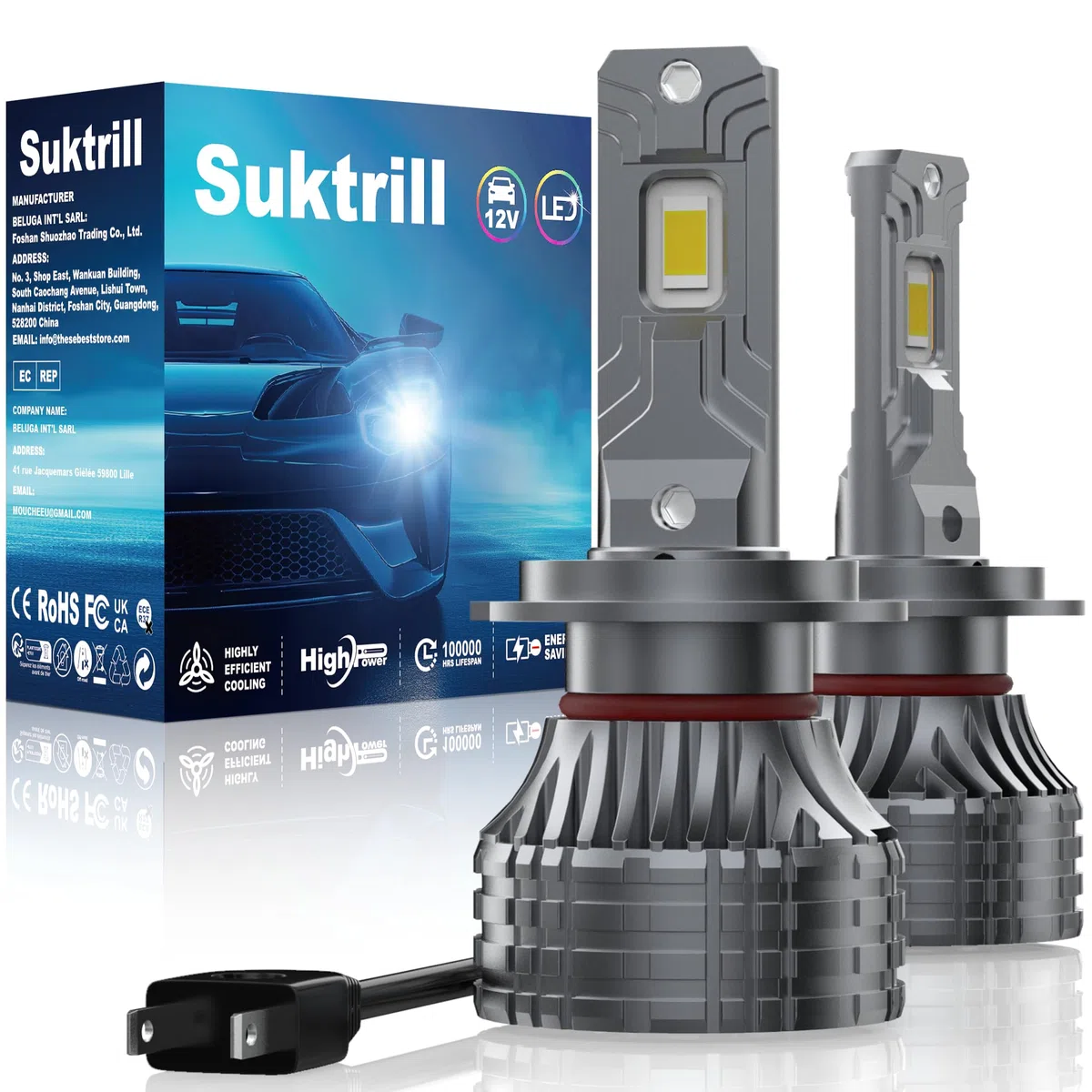 Bombillas de Coche y Moto,H7 LED 36000LM,conversión de halógeno de 12V 6000K Blanco,kit de luces para largas o cortas,1:1, Juego de 2.anti error.