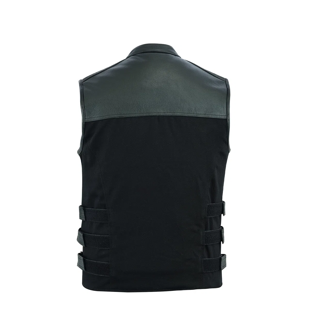 Leatherick Hombre Warrior Tactical Style Denim y Top Grain Buffalo Leather Chaleco de motorista con bolsillos profundos y perforados en los bolsillos