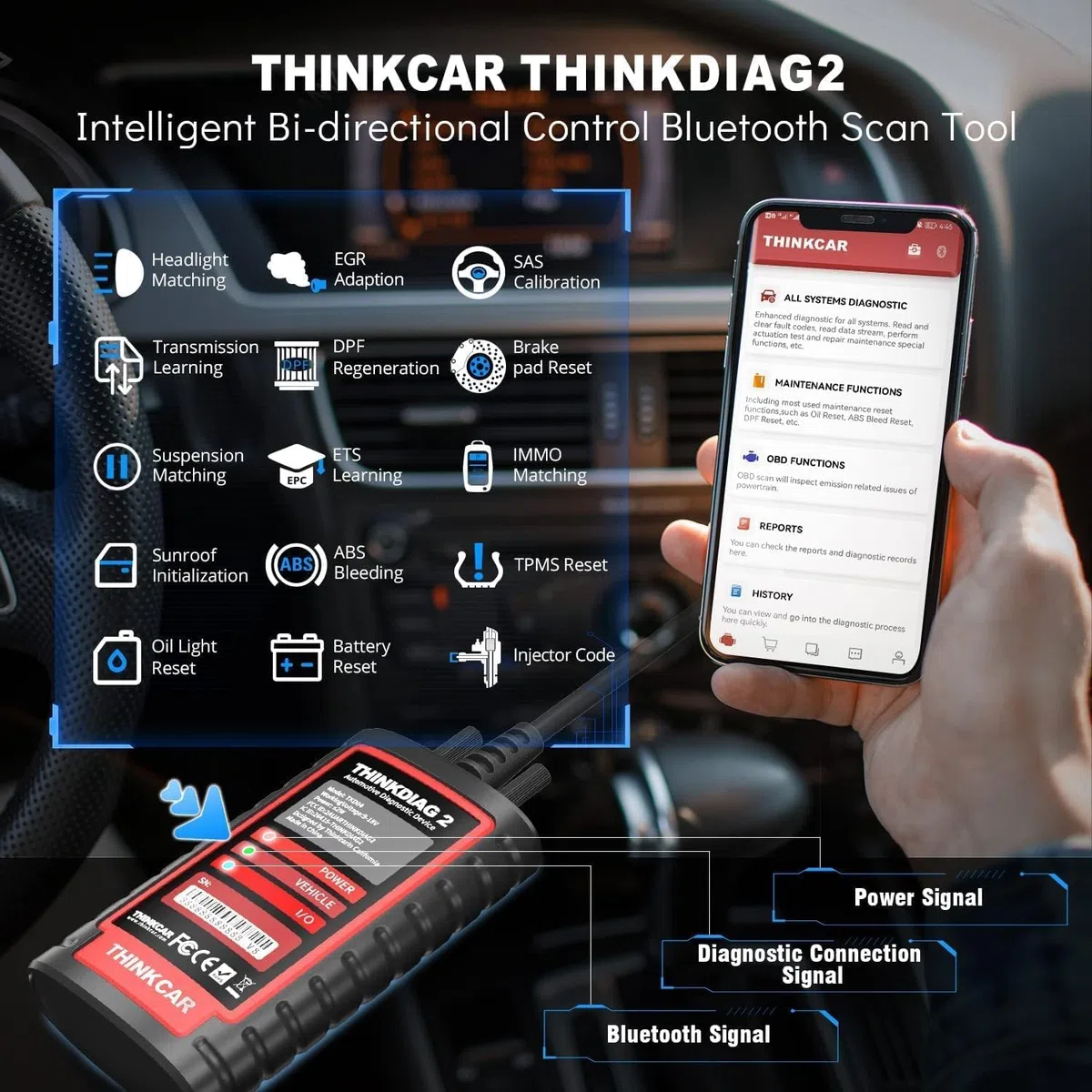 Thinkcar OBD2 escáner Bluetooth 5.0, ThinkDiag 2 Diagnosis Coche Multimarca de Todo el Sistema, Can-FD&16 Funciones de Reset, obd2 Diagnostico Coche con Prueba Activa, Auto-Vin, codificación ECU