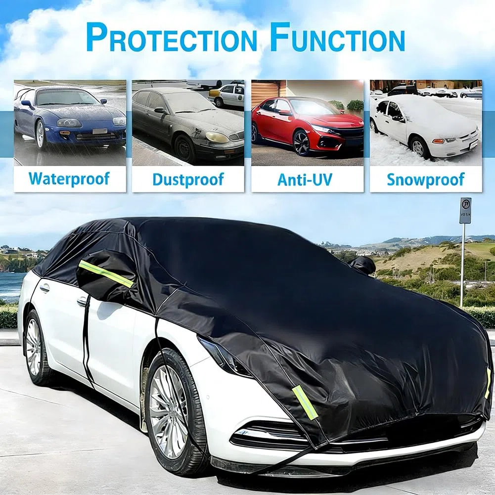 Media Cubierta de Coche Funda de Carrocería Cubierta de Parasol Funda de Nieve Cubierta de Parabrisas Impermeable Resistente a los UV Paño Poliéster 210D con Algodón Delgado (Sedán)