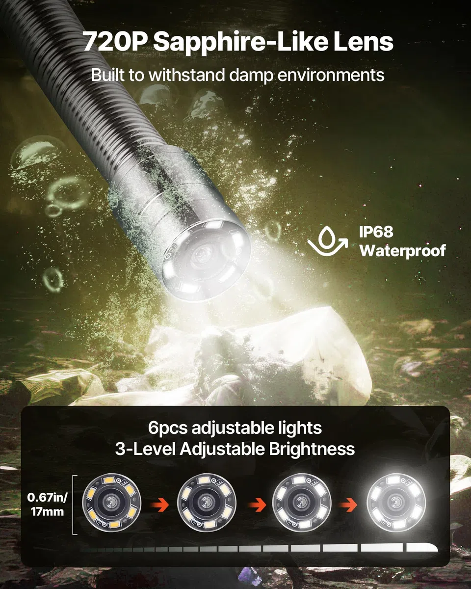 VEVOR Cámara de Inspección de Tuberías Cable de 30 m, Cámara Endoscópica con Pantalla a Color, Resistente al Agua IP68, con 6 LED, Tarjeta de 16 GB, Batería de 4500 mAh, para Alcantarillado Fontanería