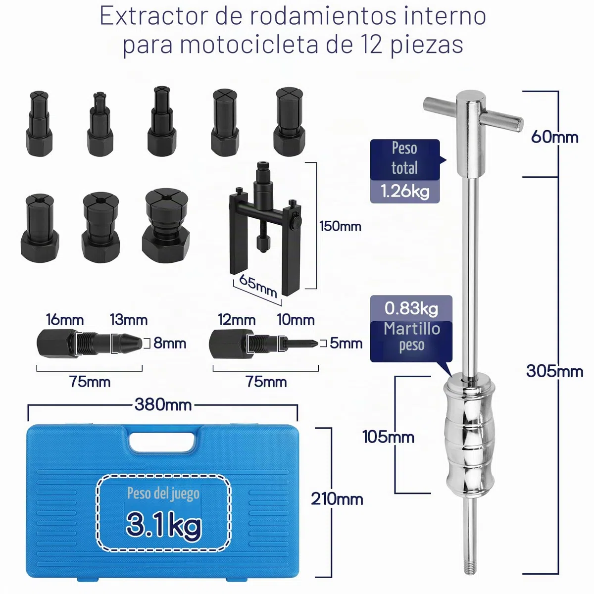 Extractor de Rodamientos Interior Mejorado, Juego de Extractor Interior con Martillo Deslizante y Extractor de Dos Brazos, Martillo Deslizante con 8 Mandriles Expansibles 8–32 mm, Extractor Cojinetes