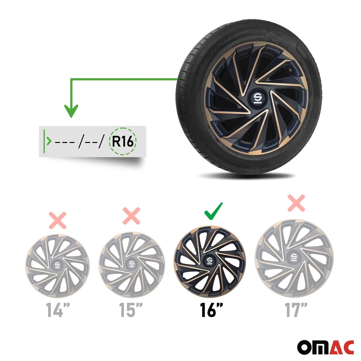SPARCO Tapacubos 16" pulgada Kit dorado negro Embelecedores De Rueda Juego de tapacubos SPC1680GDBK
