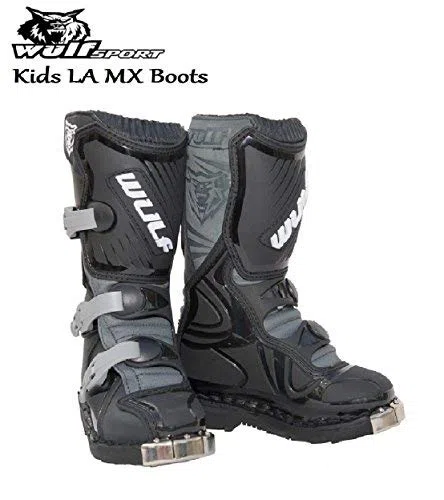 MOTORBIKE WULFSPORT WULF KIDS LA MX ENDURO BOOTS Motorcycle Motocross Cub LA Junior Quad ATV BMX MTB Off Road Sport Racing Armour Boots BLACK (UK 6 / EU 39)