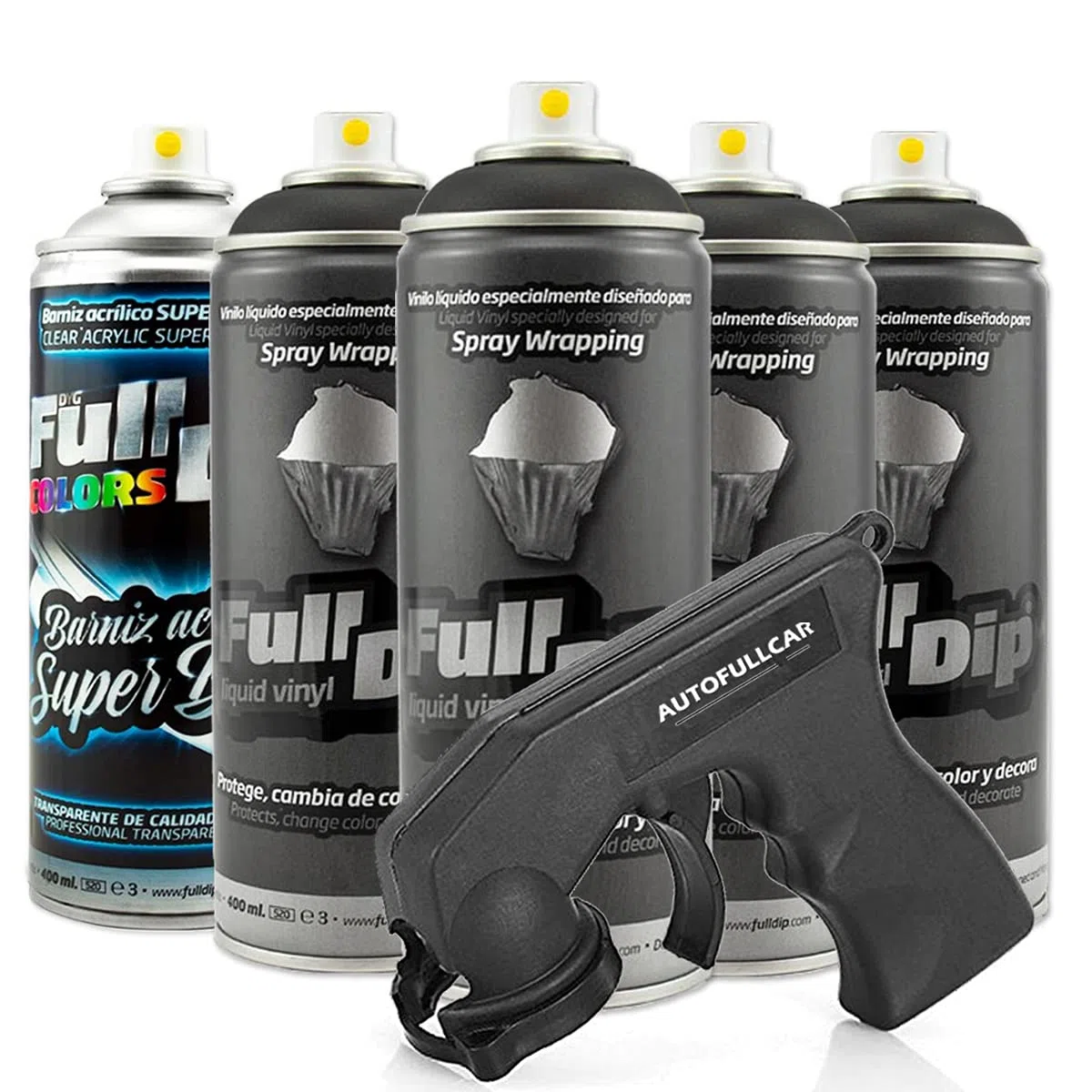 AutoFullCar - Pack 4 Sprays Full Dip Negro + 1 Barniz Acrílico con Acabado Brillo + Adaptador de spray - Vinilo Líquido de Fácil Aplicación - Wrapp