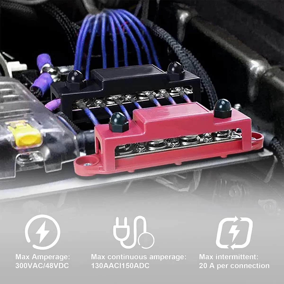 CPROSP 2 barras colectoras con tapa de 250 A, riel de distribución de energía con 4 conectores M10, bloque de conexión de batería de 3/8", caja BusBar para coche RV Boat Yate