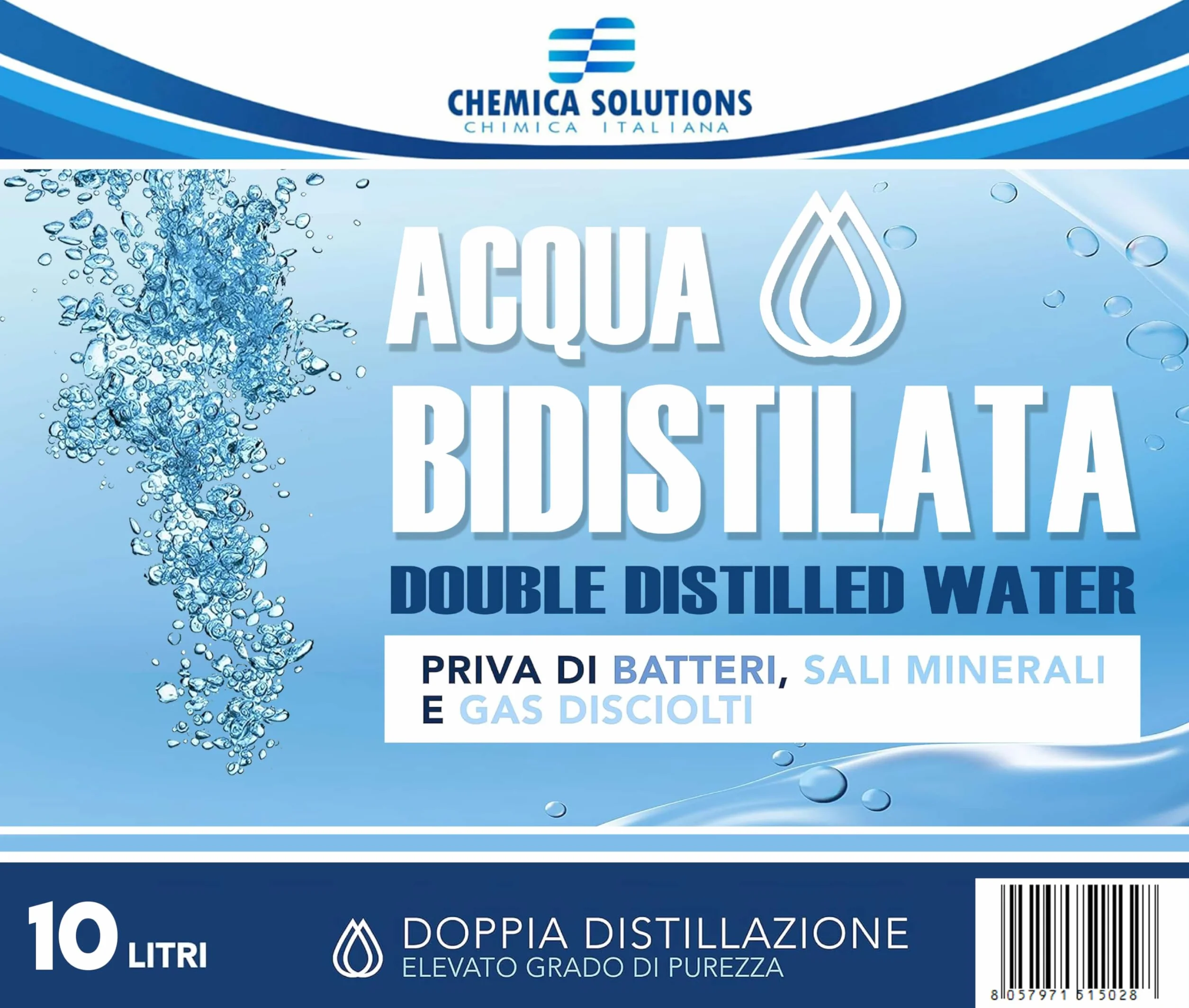 Agua bidestilada pura para uso industrial y clínico, bidón de 10 litros, destilada dos veces, desmineralizada, fabricada en Italia