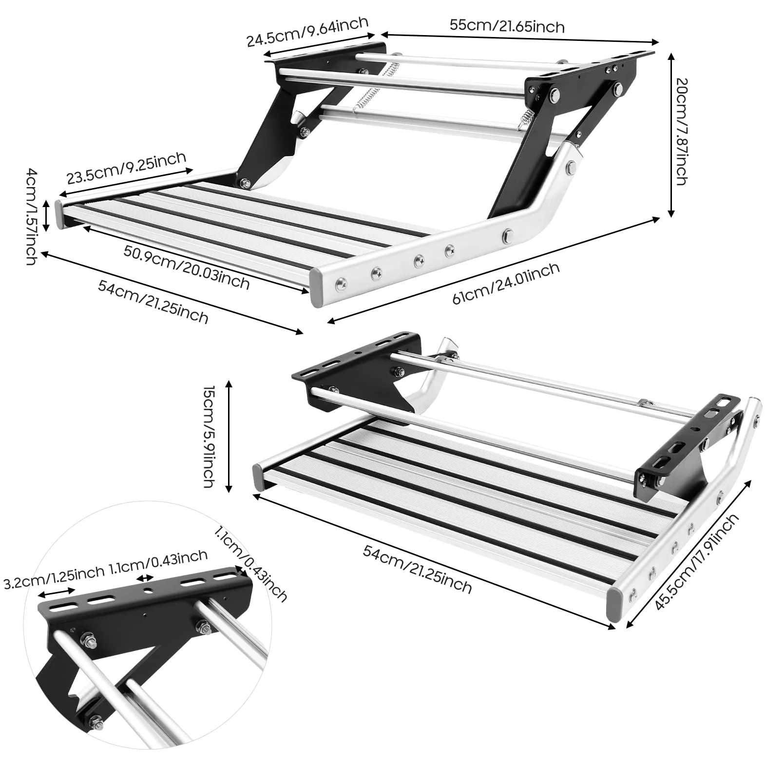 Paso de cremallera manual de una sola etapa, 55 cm, longitud del marco, 150 kg, capacidad de carga manual, aleación de aluminio, plegable con 4 tornillos, escalón manual para caravanas, remolques de