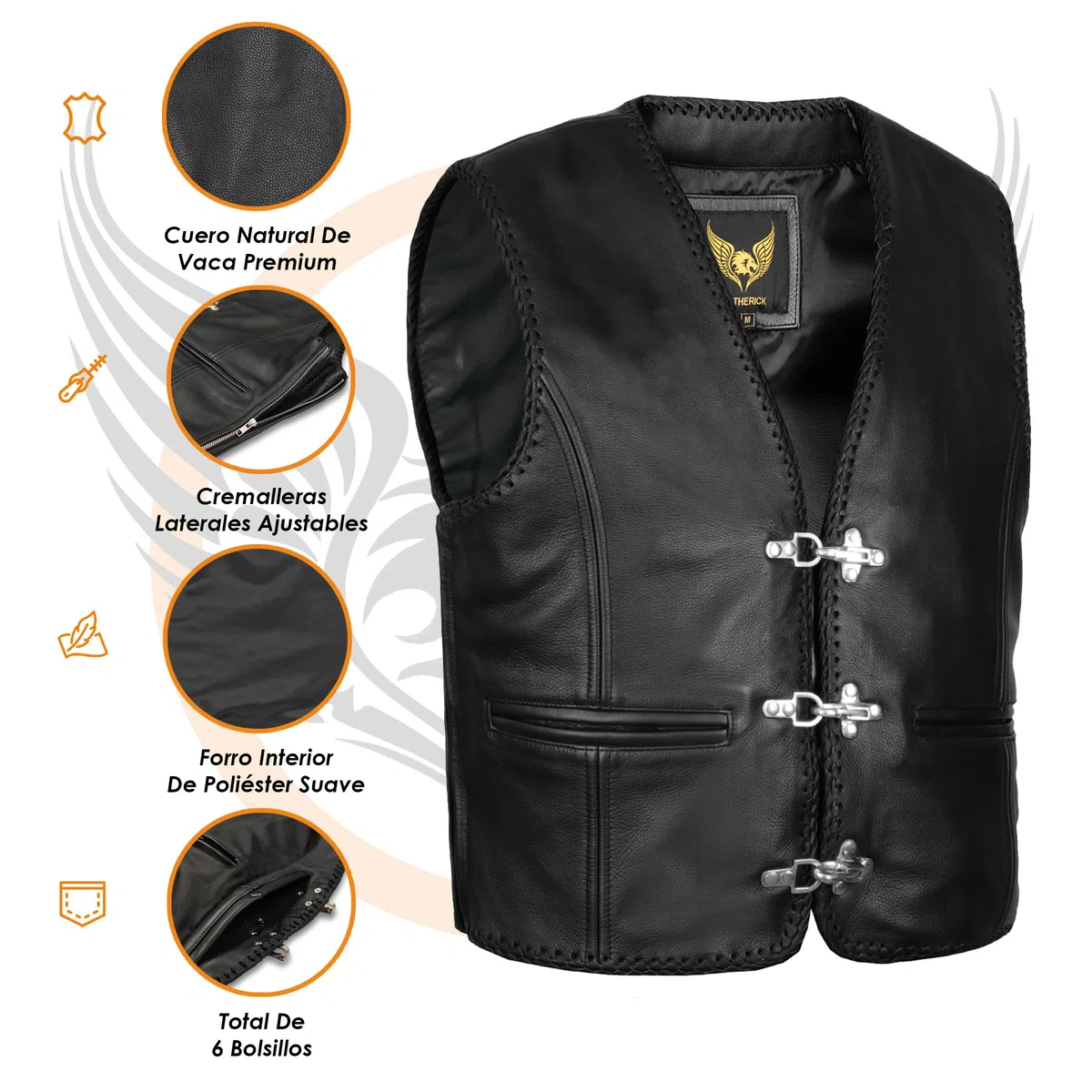 Leatherick Chaleco de motociclista de cuero genuino negro Chaleco de motociclista trenzado con hebilla de anzuelo