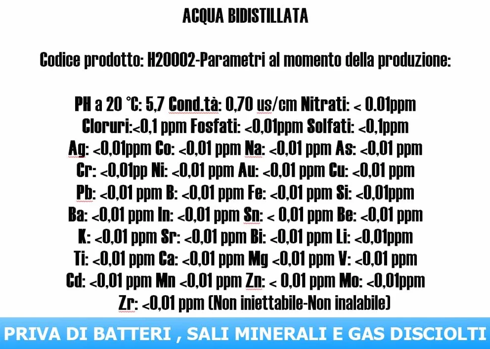 Agua bidestilada pura para uso industrial y clínico, bidón de 10 litros, destilada dos veces, desmineralizada, fabricada en Italia