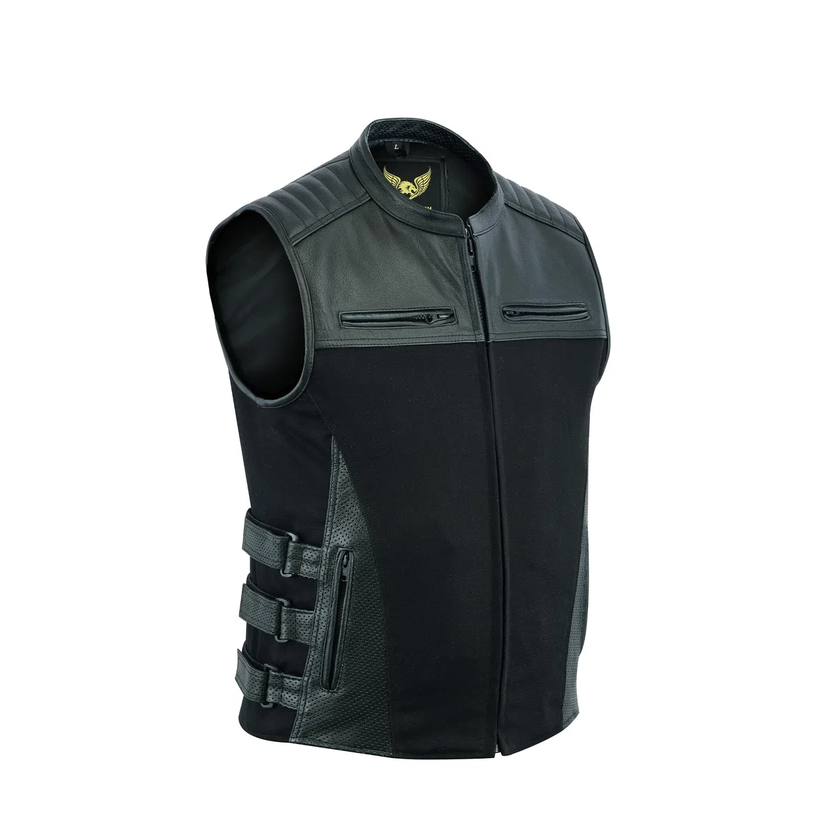Leatherick Hombre Warrior Tactical Style Denim y Top Grain Buffalo Leather Chaleco de motorista con bolsillos profundos y perforados en los bolsillos