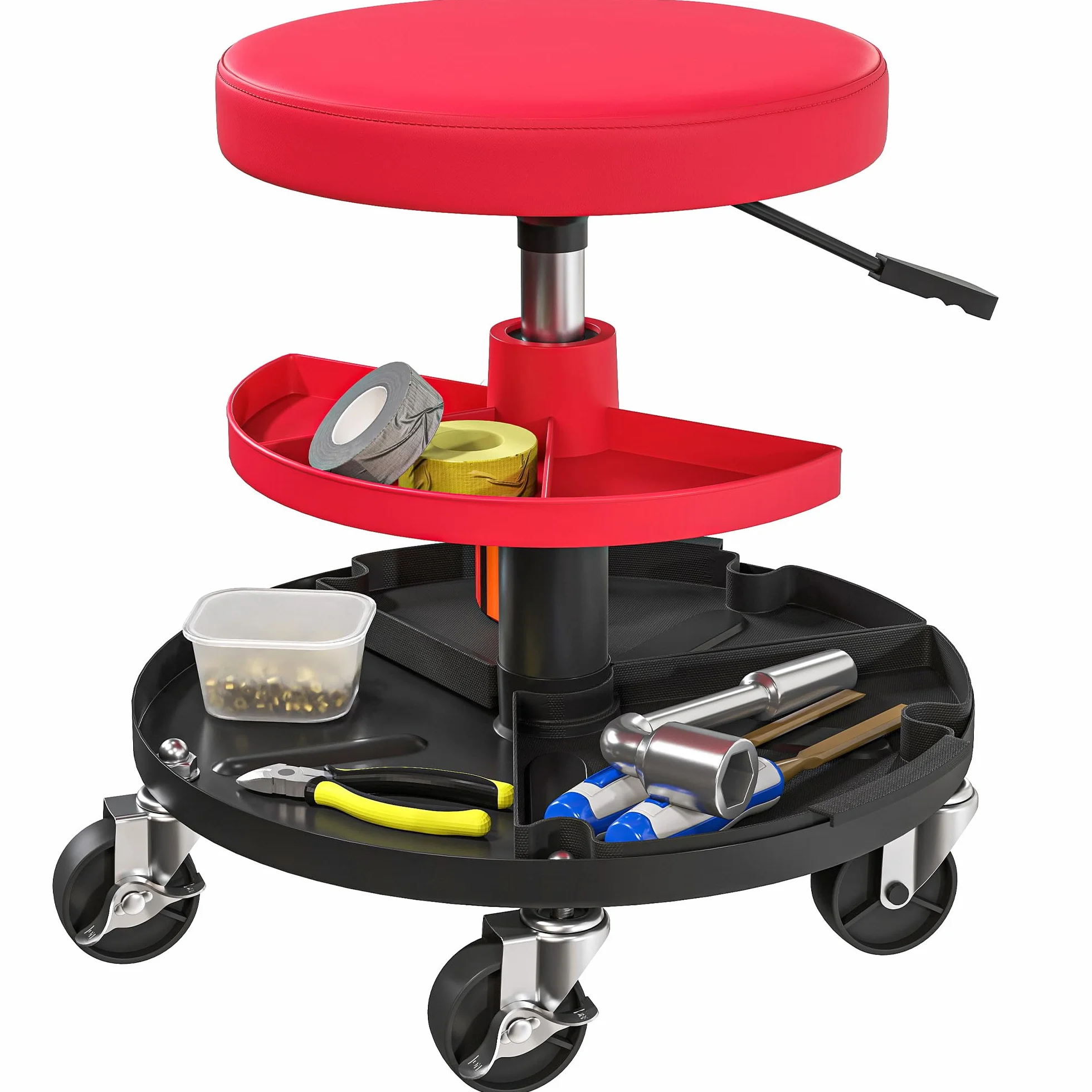 HOMCOM Taburete de Taller Giratorio con Ruedas Altura Ajustable de 40-51 cm Asiento Taburete para Mecánico con 2 Bandejas para Herramientas Carga 135 kg para Garaje Reparación de Automóviles Rojo