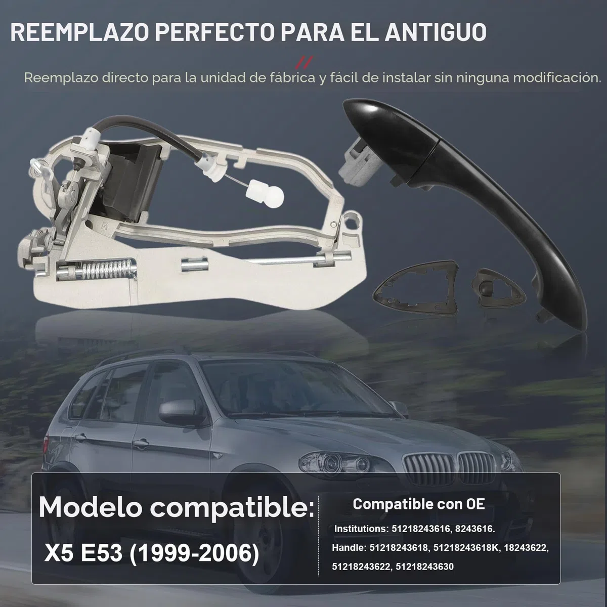 Mecanismo de tirador de puerta exterior compatible con X5 E53 (1999-2006) delantero derecho (lado del pasajero) negro 8 cm de ancho