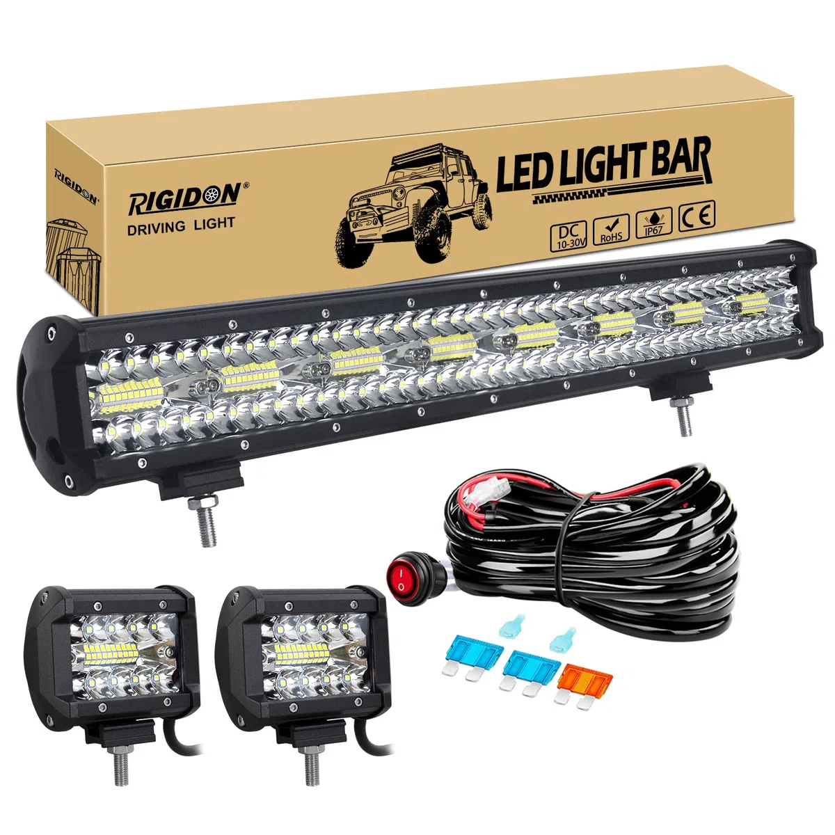 RIGIDON 8D 23 Pulgadas 480W barra de luz led, 2 Pcs 4 pulgadas 60W foco trabajo lámpara, barras luminosas y 12V kit de cableado para off road camión coche ATV 4x4, Faros 6000K blanca