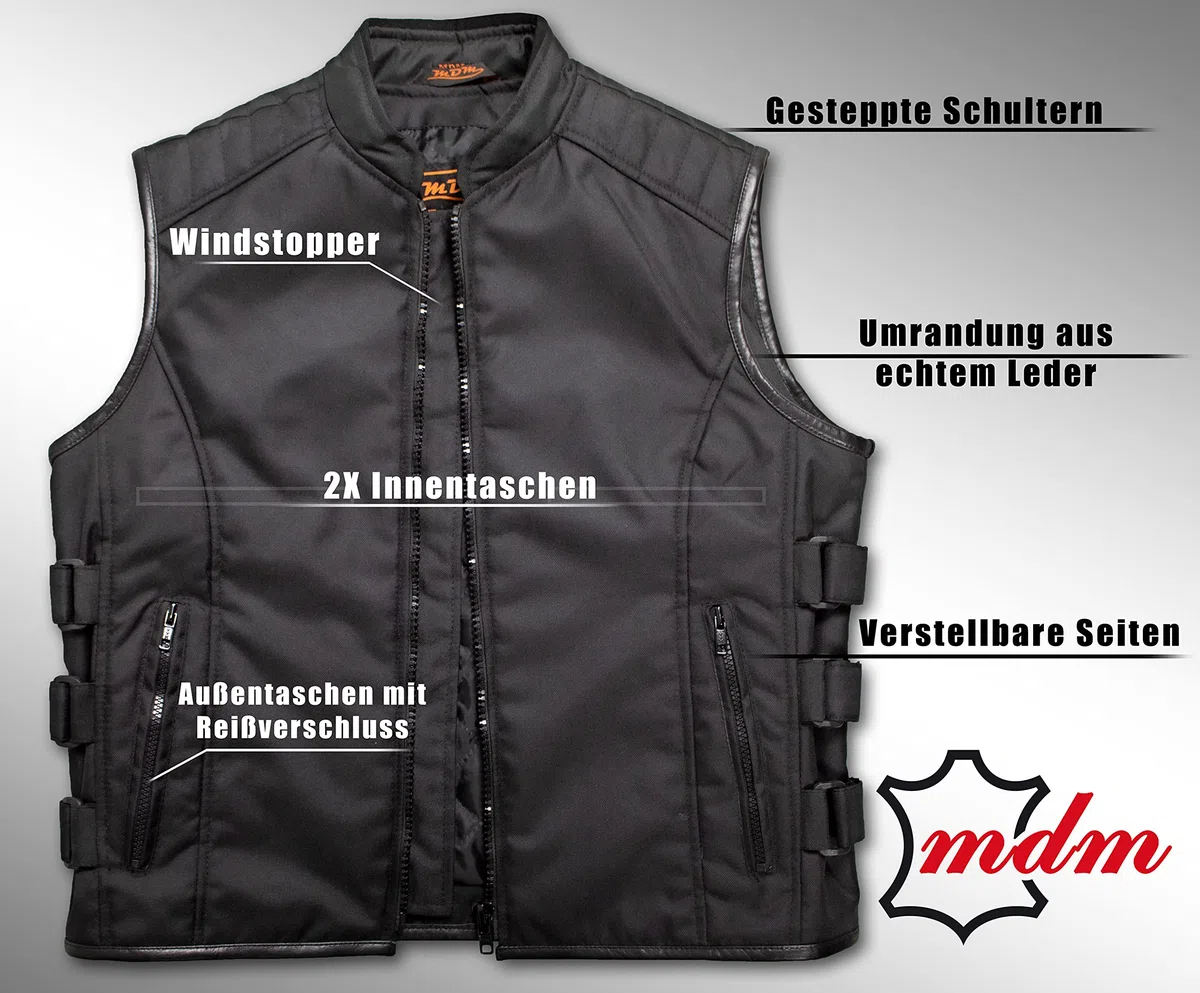 MDM Chaleco Biker de Tela – Negro, Cortaviento y Repelente al Agua, Laterales Ajustables, Hombros Acolchados, Bolsillos Interiores y Exteriores