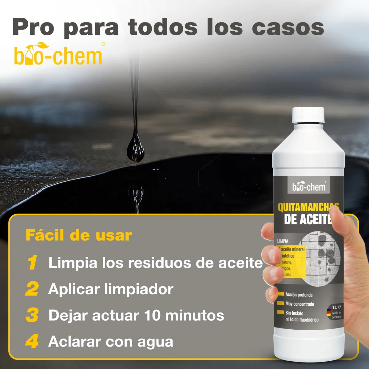 bio-chem Eliminador de Manchas de Aceite 3L, para piedra y hormigón | Quitamanchas Concentrado Biodegradable - Limpieza para adoquines, Asfalto - Limpiador Coche Garaje terrazo
