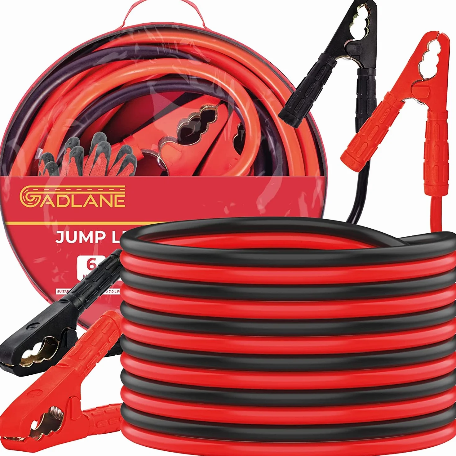 GADLANE Cables de salto de 6 m de largo, resistentes para batería de coche, cables de salto de 1500 amperios y 30 mm² de grosor con abrazaderas fuertes, para coches de gasolina y diésel (1500A)