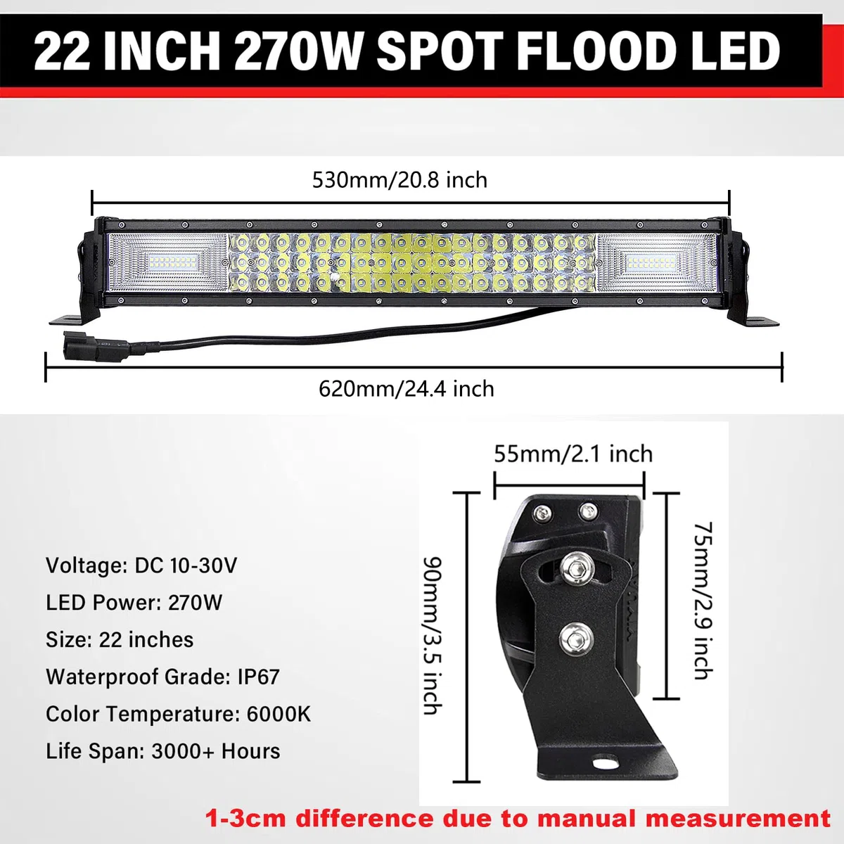 PICAA Barra LED 4x4 22 Pulgadas 270W con DT Cableado Kit, Tri-Fila Luz de Trabajo 12V 24V 6000K Blanco para Coche, Camión y Todoterreno