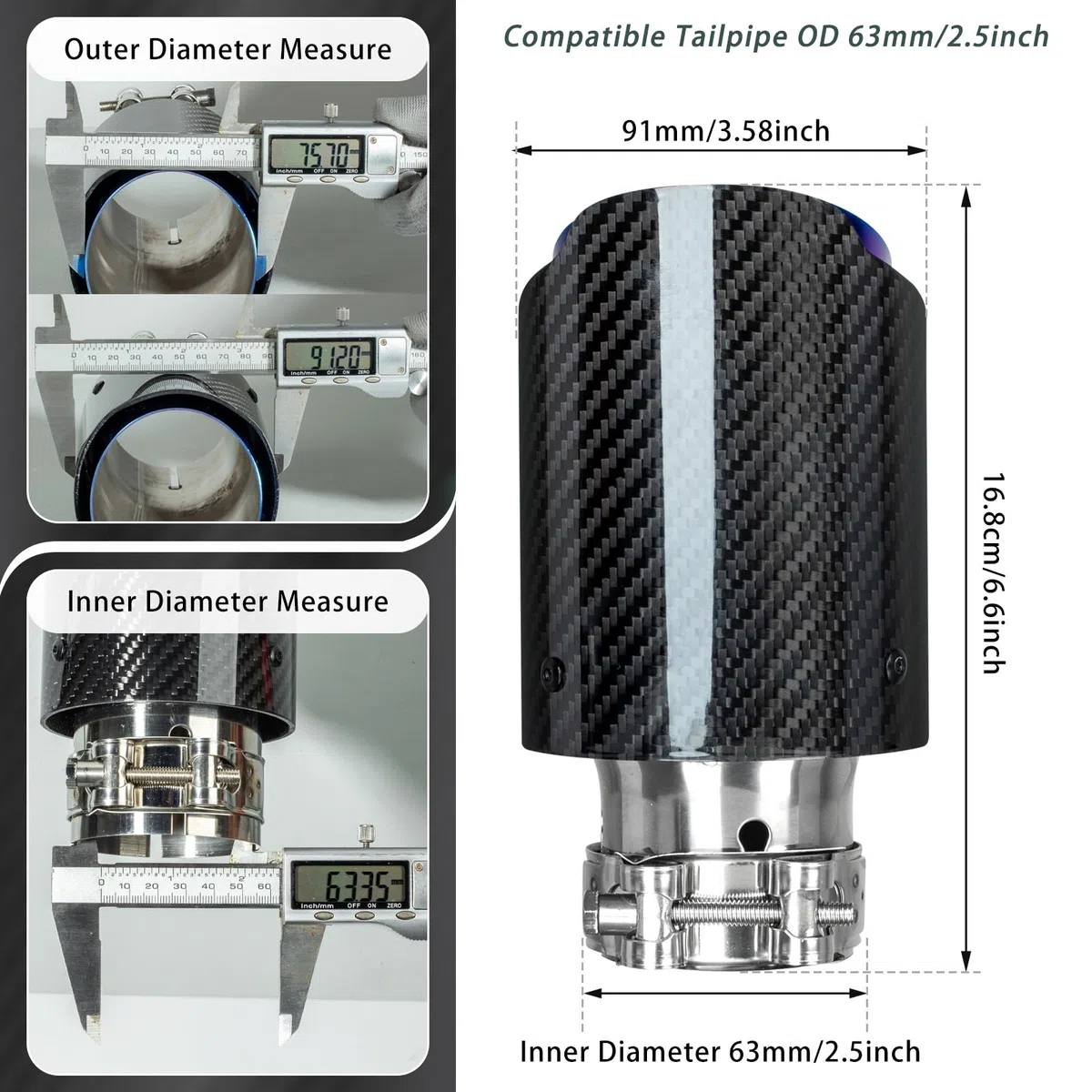 Catekro 63mm Cola de Escape Coche, Embellecedor Acero Inoxidable para Tubo de Escape 2,36" Punta de Escape Exterior Instalación con Pernos y Llave Incluida (Azul Negro Pulido)