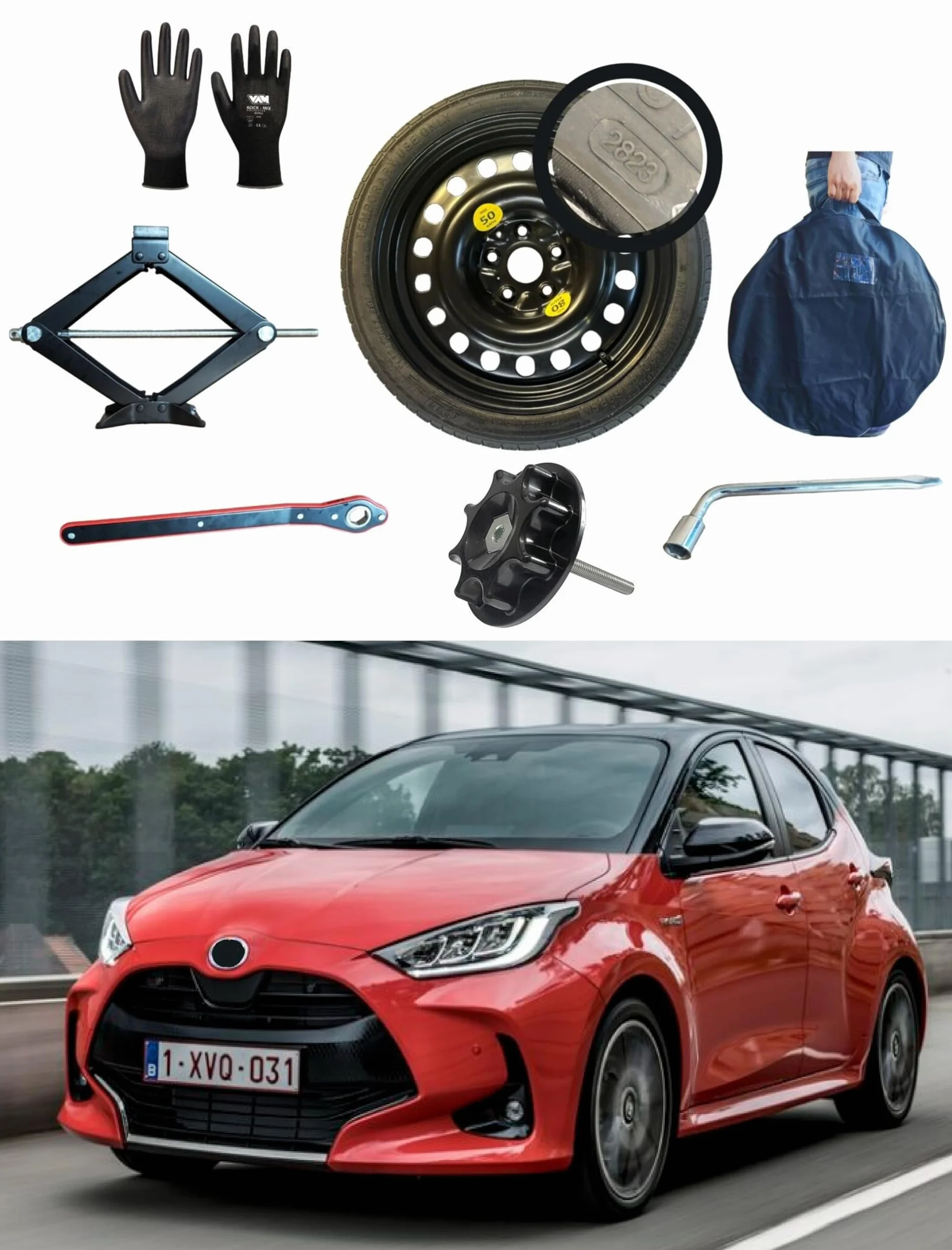 Kit de rueda de repuesto "Gallete" 17" compatible con Toyota Yaris de 5 agujeros (07/2020>) con gato, llave, tornillos, guantes y bolsa