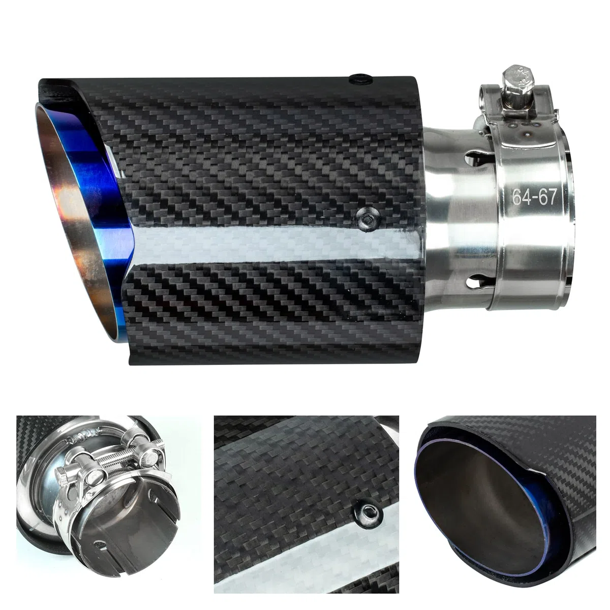 Catekro 63mm Cola de Escape Coche, Embellecedor Acero Inoxidable para Tubo de Escape 2,36" Punta de Escape Exterior Instalación con Pernos y Llave Incluida (Azul Negro Pulido)