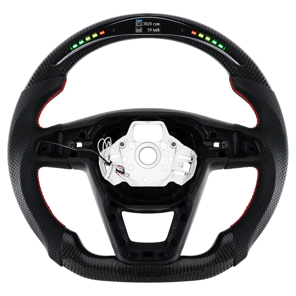 Volante de fibra de carbono, volante de cuero en forma de D, parte inferior plana, indicador de cambio LED, mango de cuero perforado para Seat Cupra Leon MK3 2013-2019