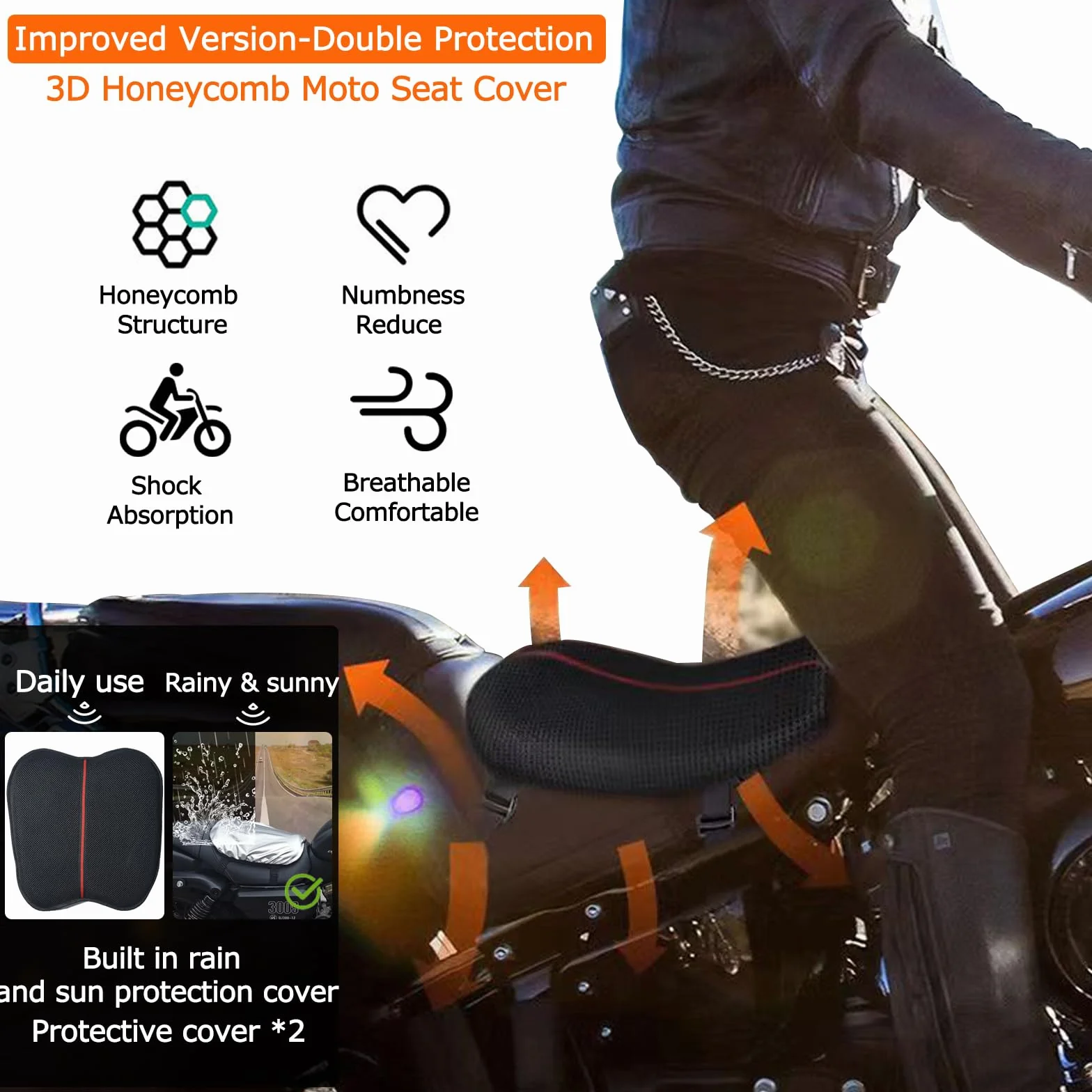 Cojín de Asiento, Cojín de Asiento de Gel para Moto Universal con Estructura Celular de Gel 3D Cojín de Asiento de Moto Impermeable Resistente al Sol, Amortiguador Cómodo Adecuado Para Viajes de Larga