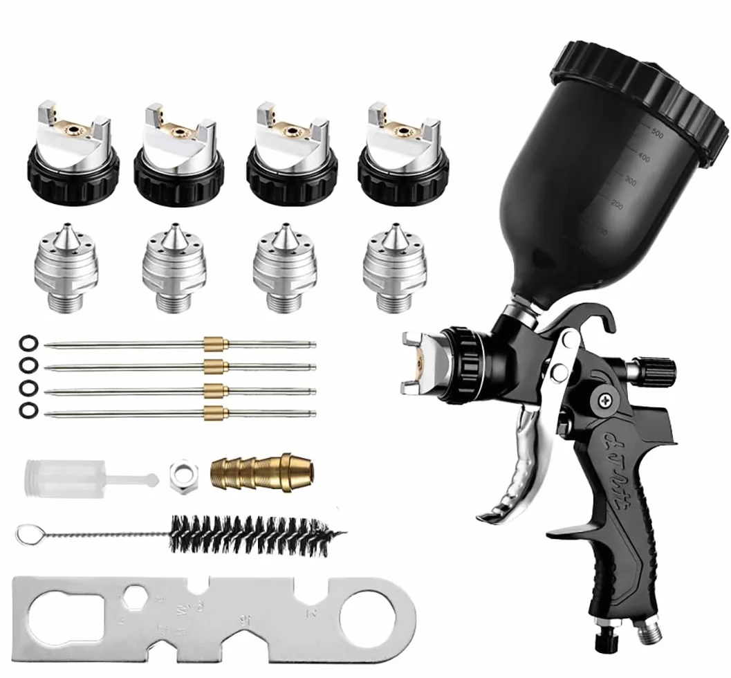 HVLP Pistola de pintura con 4 boquillas 1,3mm & 1,5mm & 1,8mm & 2,5mm, para automóviles, muebles, Negro