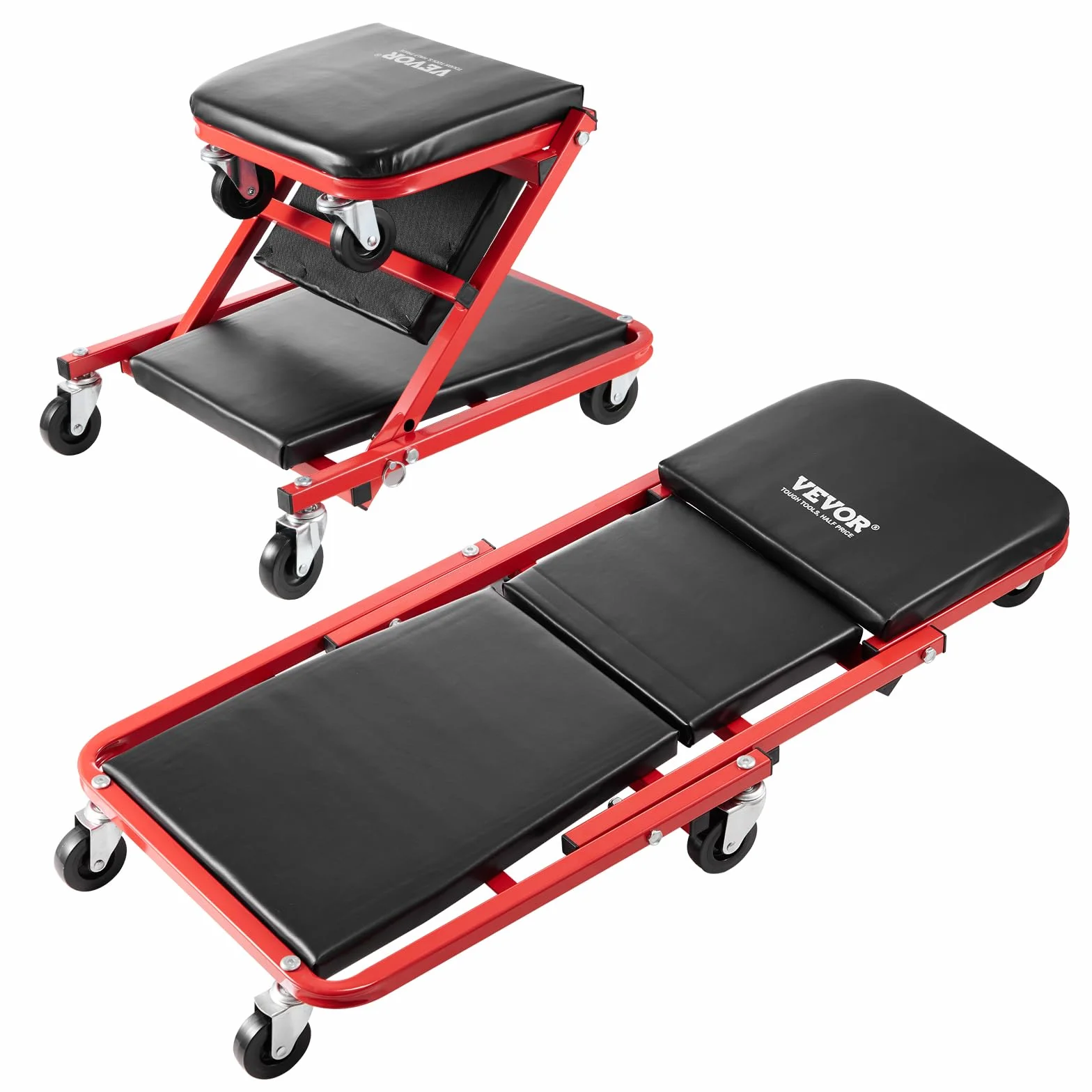 VEVOR Taburete Plegable para Garaje en Forma de Z, Capacidad de 136,1 kg, Bandeja para Herramientas 6 Ruedas, Asiento Acolchado, para Tumbarse o Sentarse para Garaje, Taller o Casa, 910 x 425 x 140 mm