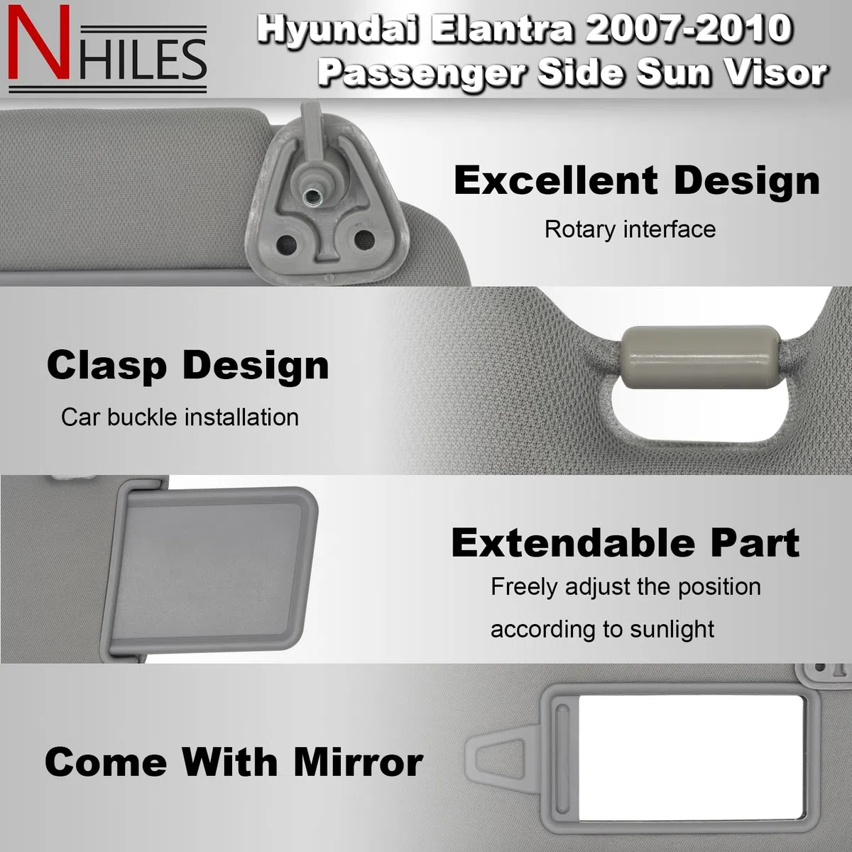 NHILES Visera para el lado derecho del pasajero para Hyundai Elantra 2007 2008 2009 2010 Sombra de reemplazo para el sol # 85202-2H110-8M (Gris)