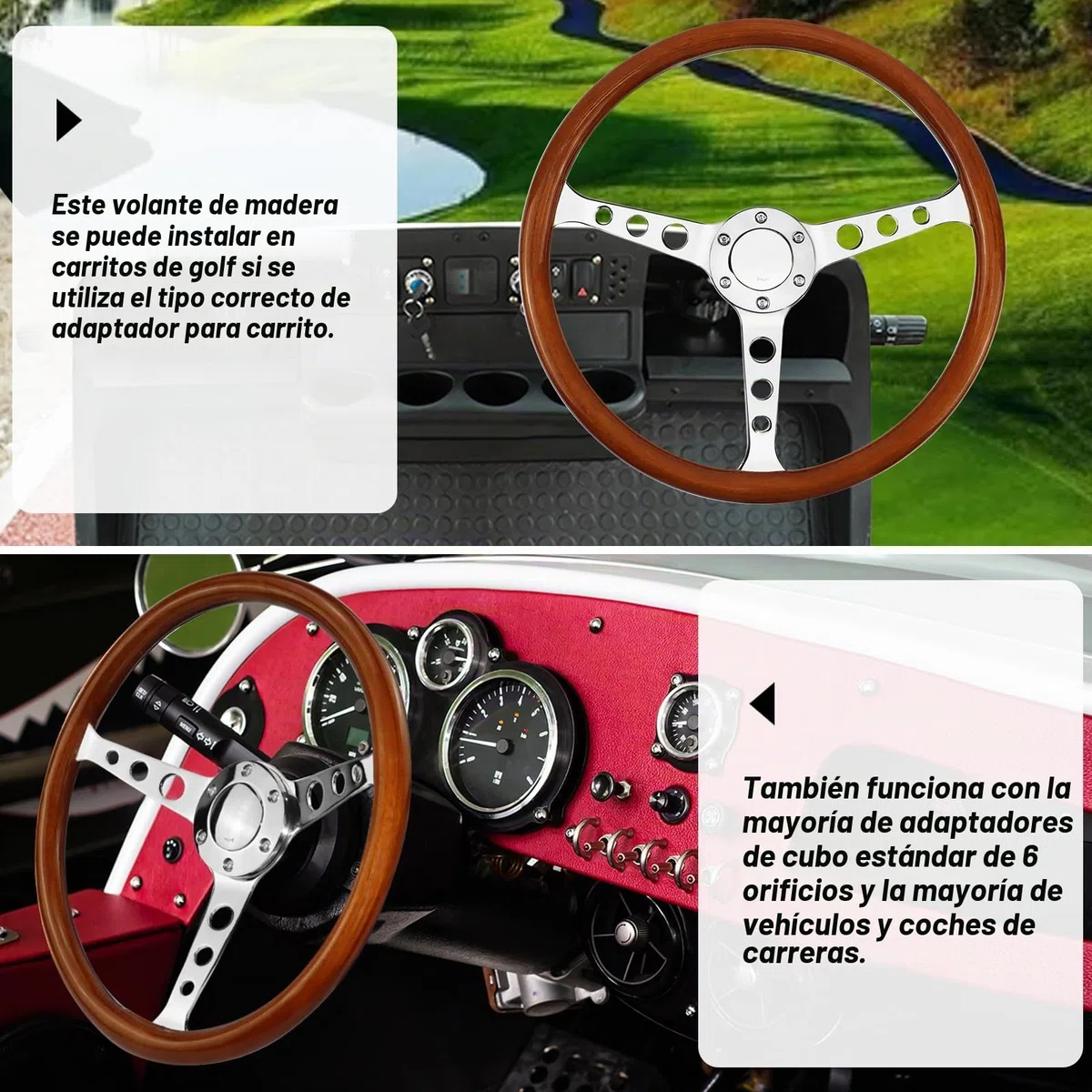 Universal Racing/Golf Cart - Volante de madera, 15 pulgadas, 6 pernos, grano de madera, estilo clásico vintage nostálgico con botones de claxon