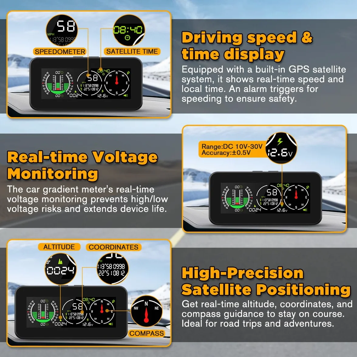 Inclinómetro de coche GPS Digital HUD Pitch Angle Slope Meter MPH Velocímetro con brújula para Off-Road SUV Vehículos
