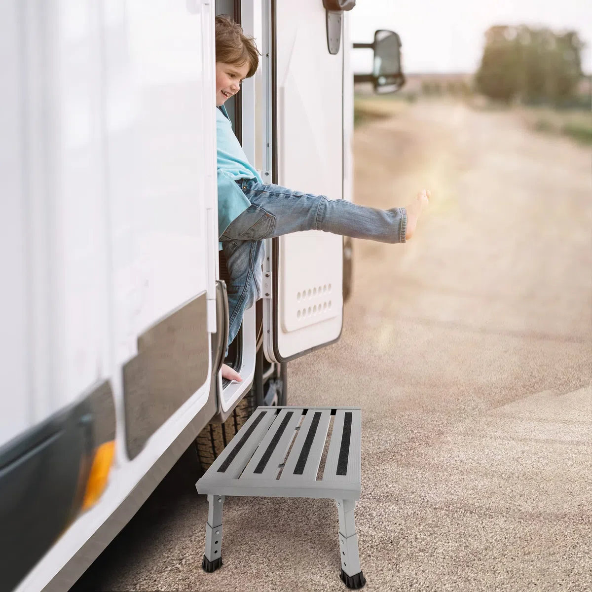 Escalera Plegable de Aluminio, Plataforma de Trabajo, Carga máxima: 220 kg, para Camping, Lavado de Coche, Cocina, baño, etc, Plegable, Altura Regulable, con Alfombrilla Antideslizante
