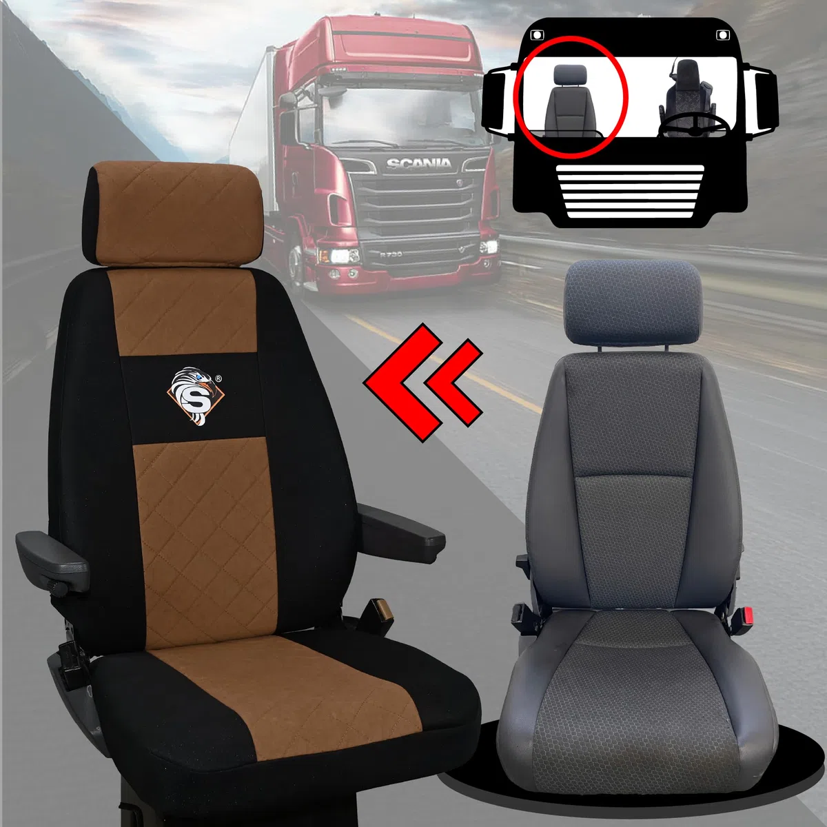 SABA Funda de Asiento para Scania Serie R Desde 2013, Serie S Desde 2017, Asientos Individuales, Asiento del Conductor Premium - CONFIGURACIÓN B Marrón Accesorios de protección