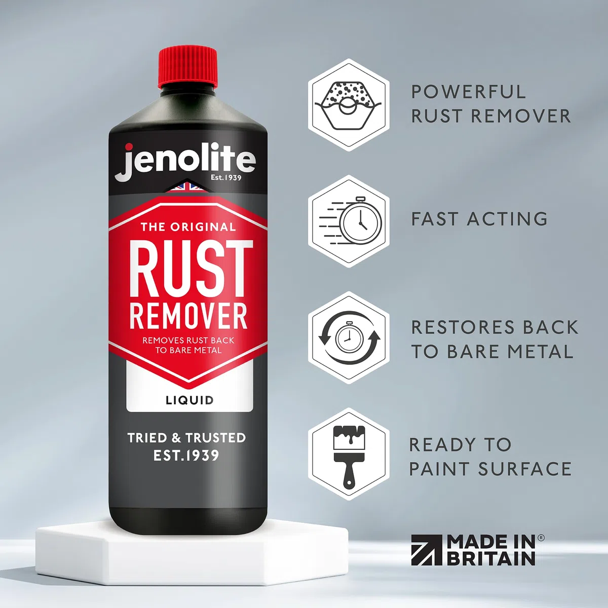 JENOLITE Original Líquido removedor de óxido | TRATAMIENTO DE ÓXIDO | Eliminador de óxido de acción rápida | elimina el óxido de nuevo al metal desnudo | 1kg